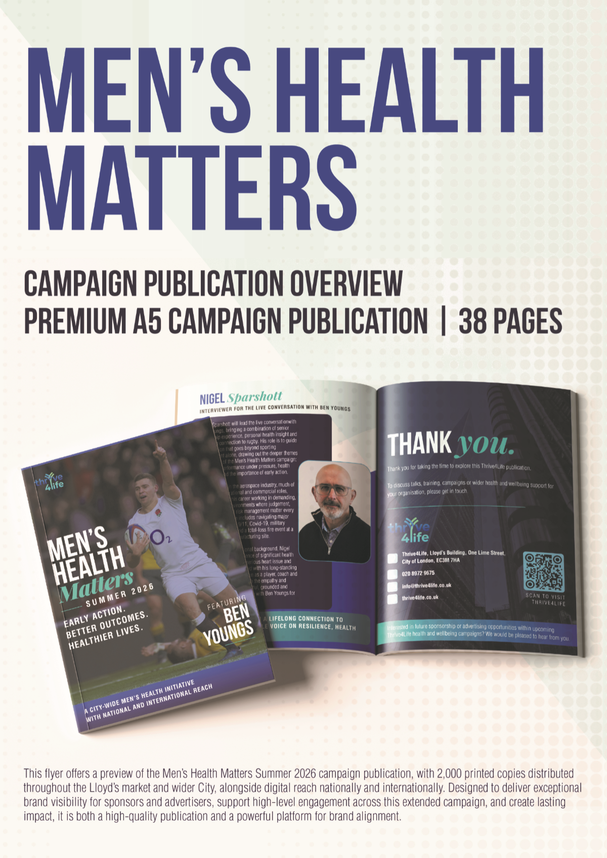 Men's Health Matters campaign publication preview — premium A5 magazine featuring Ben Youngs